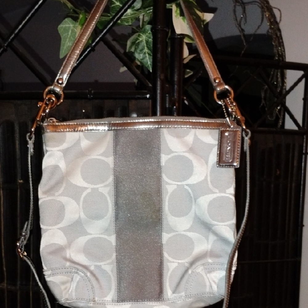 Coach Metallic and Gray Signature Shoulder Bag